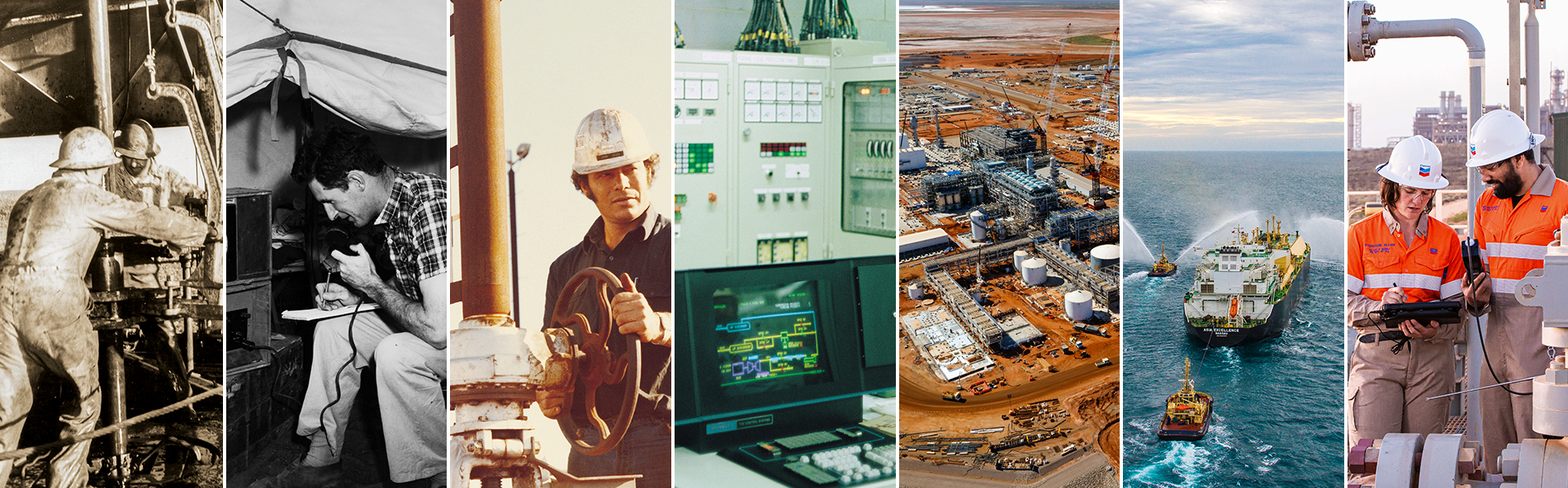A collage of historical photos from Chevron's operations in Australia