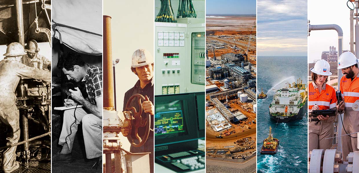A collage of historical photos from Chevron's operations in Australia