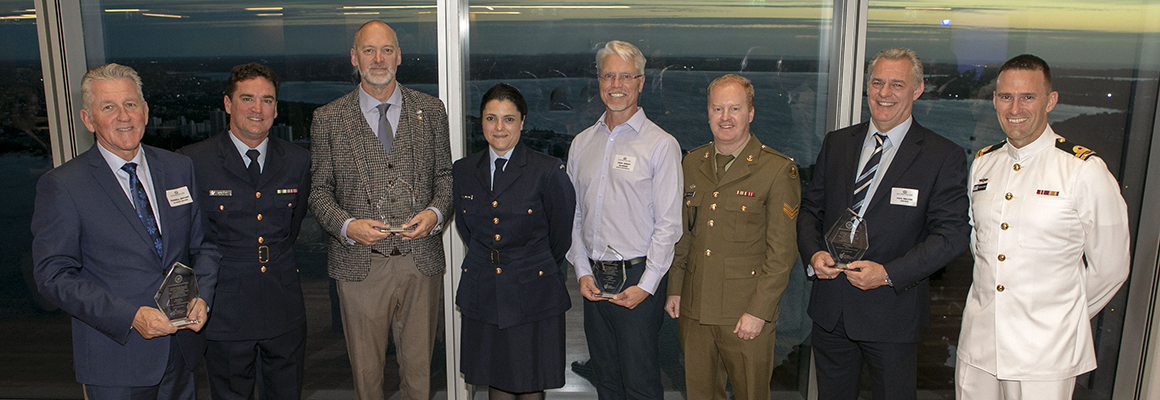 The Western Australian Employer Support Award winners of 2019 at the Western Australian Employer Support Awards ceremony held at BHP Building in Perth, Western Australia. (L-r) Russell Bryant from Alliance Airlines, Squadron Leader Mark Levitt from RAAF Base Pearce, Nicholas Egan from State Solicitors Office of Western Australia, Flight Lieutenant Patricia Femia from RAAF Base Pearce, Professor Brent McInnes from Curtin University, Corporal William Rickard from 13 Field Squadron, Paul Welton from Chevron Australia Pty Ltd and Lieutenant Peter Velterop from HMAS Stirling.