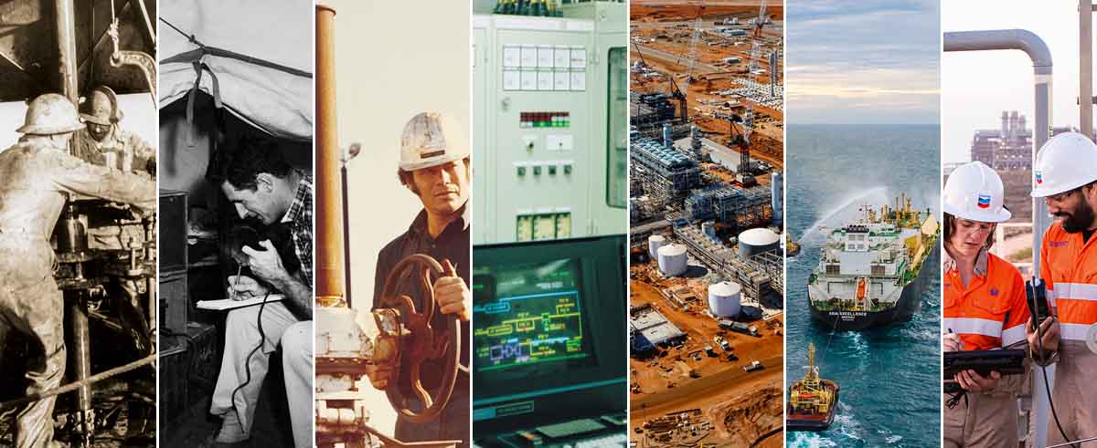 A collage of historical images from Chevron's history in Australia