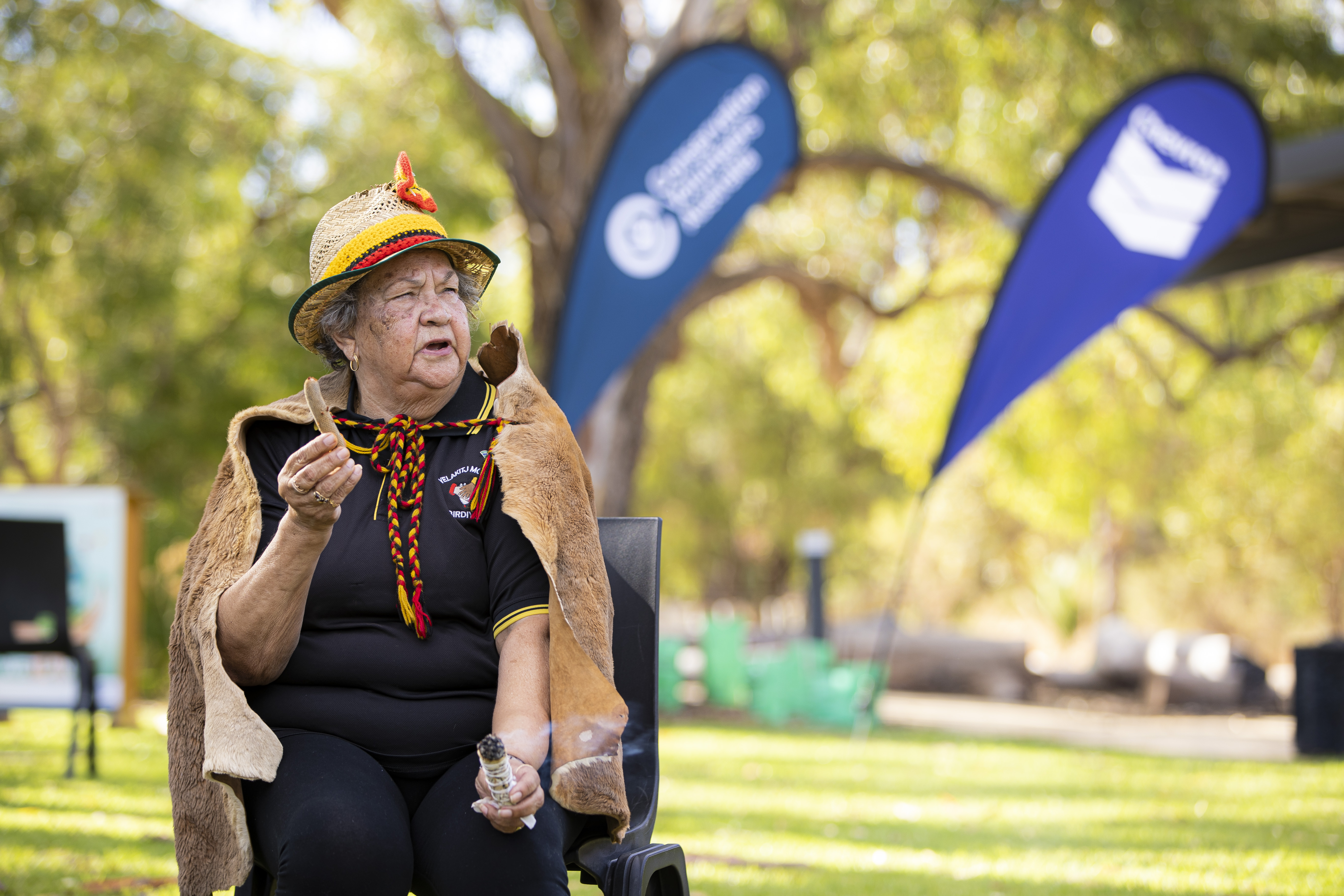 Noongar Elder Marie Taylor performs a smoking ceremony and welcome to country at the Beeliar Wetlands
