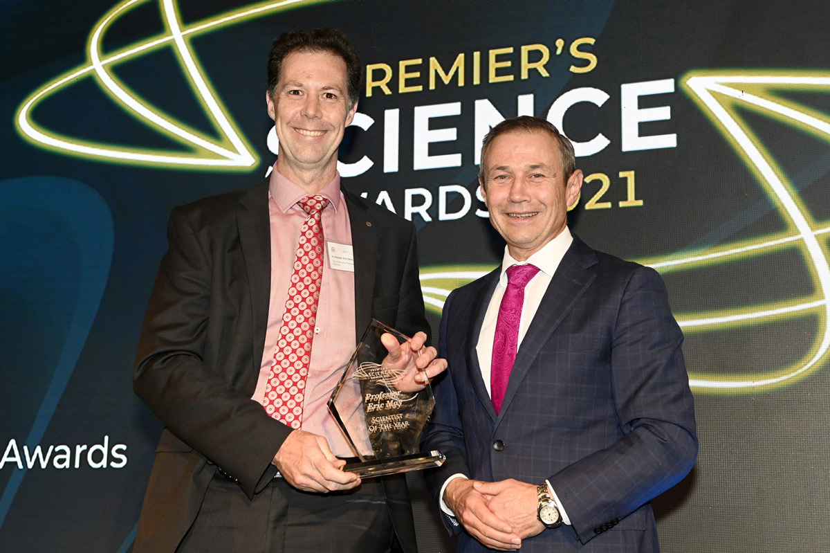 2021 Scientist of the Year Professor Eric May, Science Minister Roger Cook 