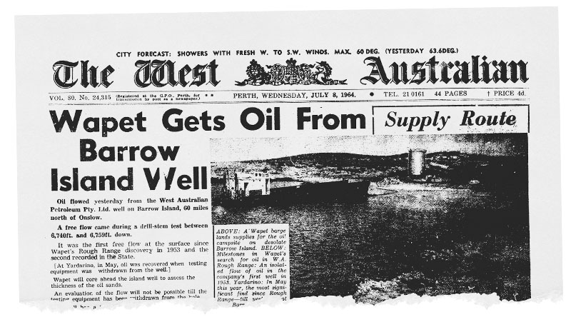 A clipping from the West Australian newspaper in 1964 with the headline "Wapet gets oil from barrow island well"