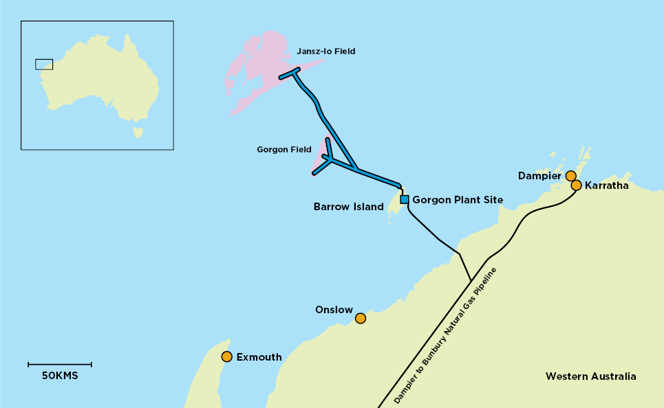 Gorgon Project gas fields and location map